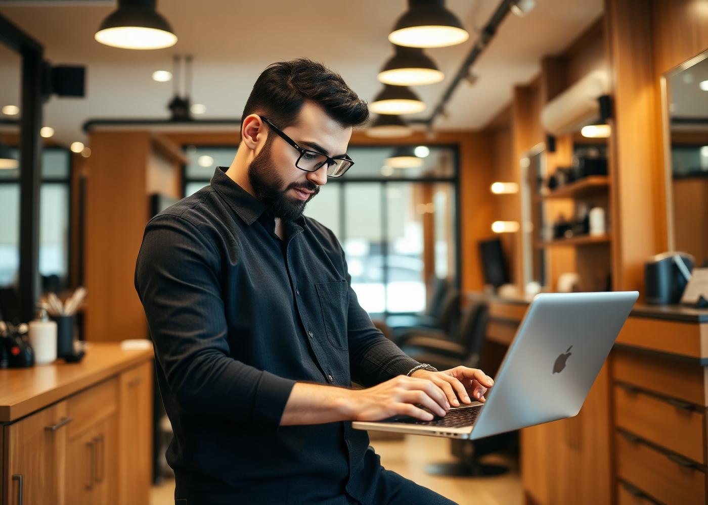 Small business owner working on his website at his shop